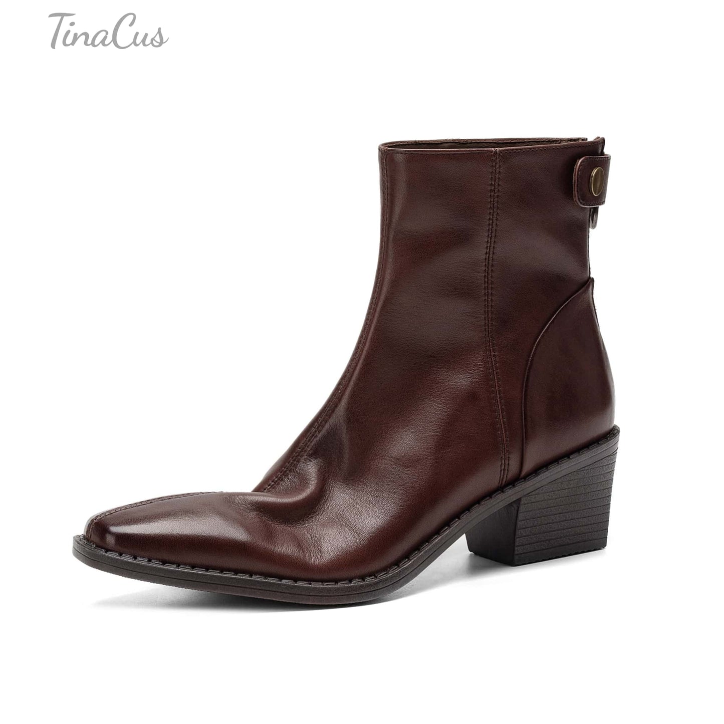 TinaCus Women's Leather Back Zipper Block Heel Ankle Boots Genuine Leather Handmade Square Toe Stacked Block Heel Dress Boots