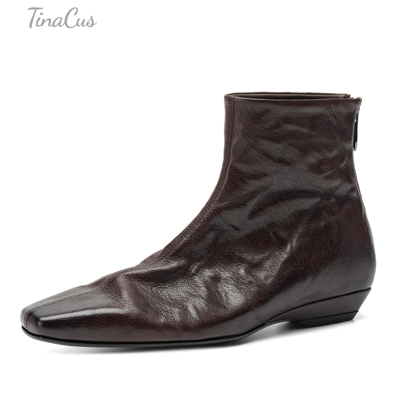 TinaCus Women's Leather Square Toe Back Zip Ankle Boots Handmade Crinkled Leather Upper Flat Low Heel