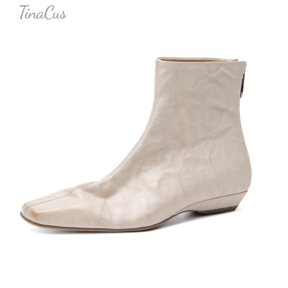TinaCus Women's Leather Square Toe Back Zip Ankle Boots Handmade Crinkled Leather Upper Flat Low Heel