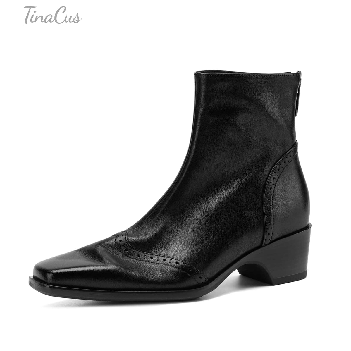 TinaCus Women's Leather Back Zipper Brogue Ankle Boots Handmade Square Toe Block Heel Wingtip Detail