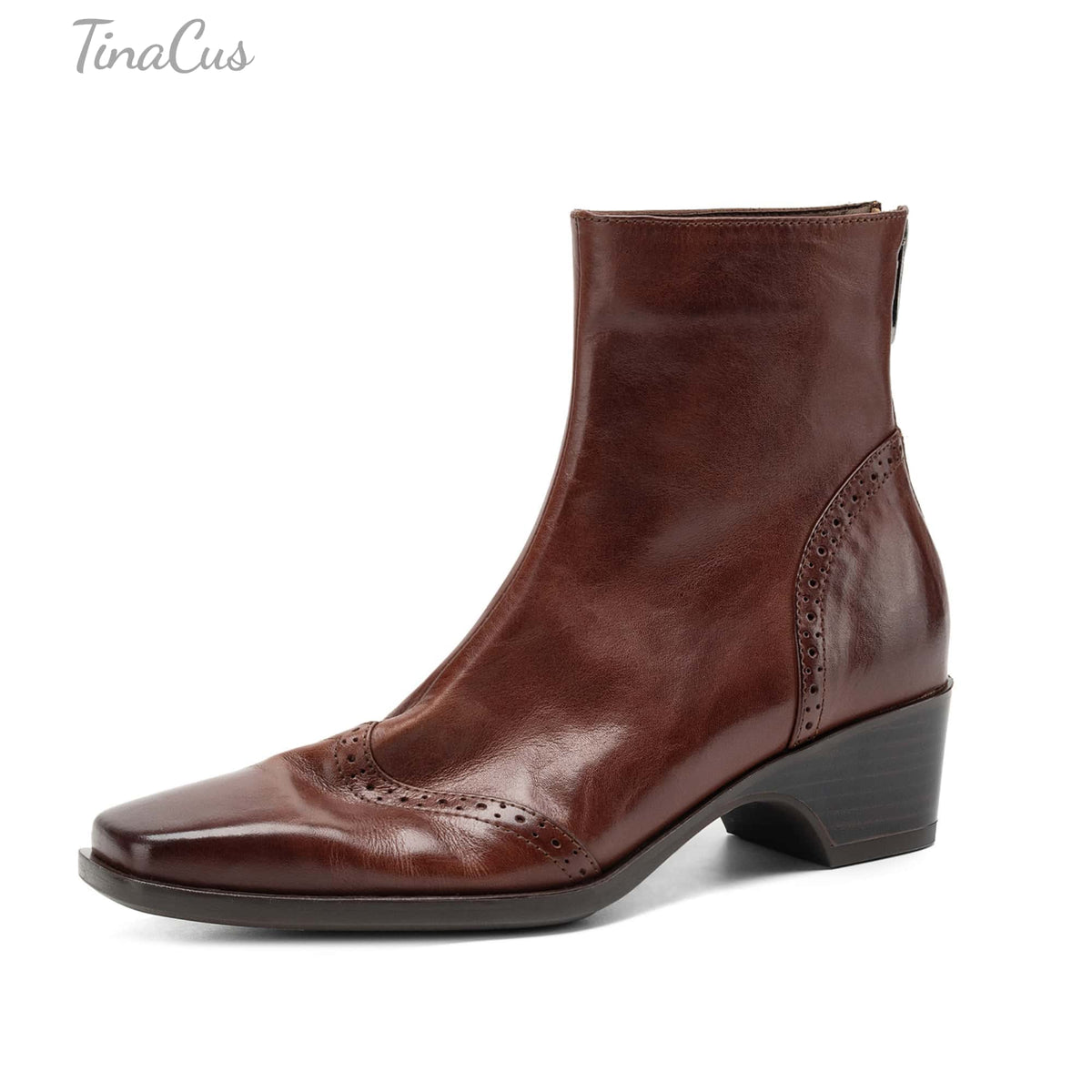 TinaCus Women's Leather Back Zipper Brogue Ankle Boots Handmade Square Toe Block Heel Wingtip Detail