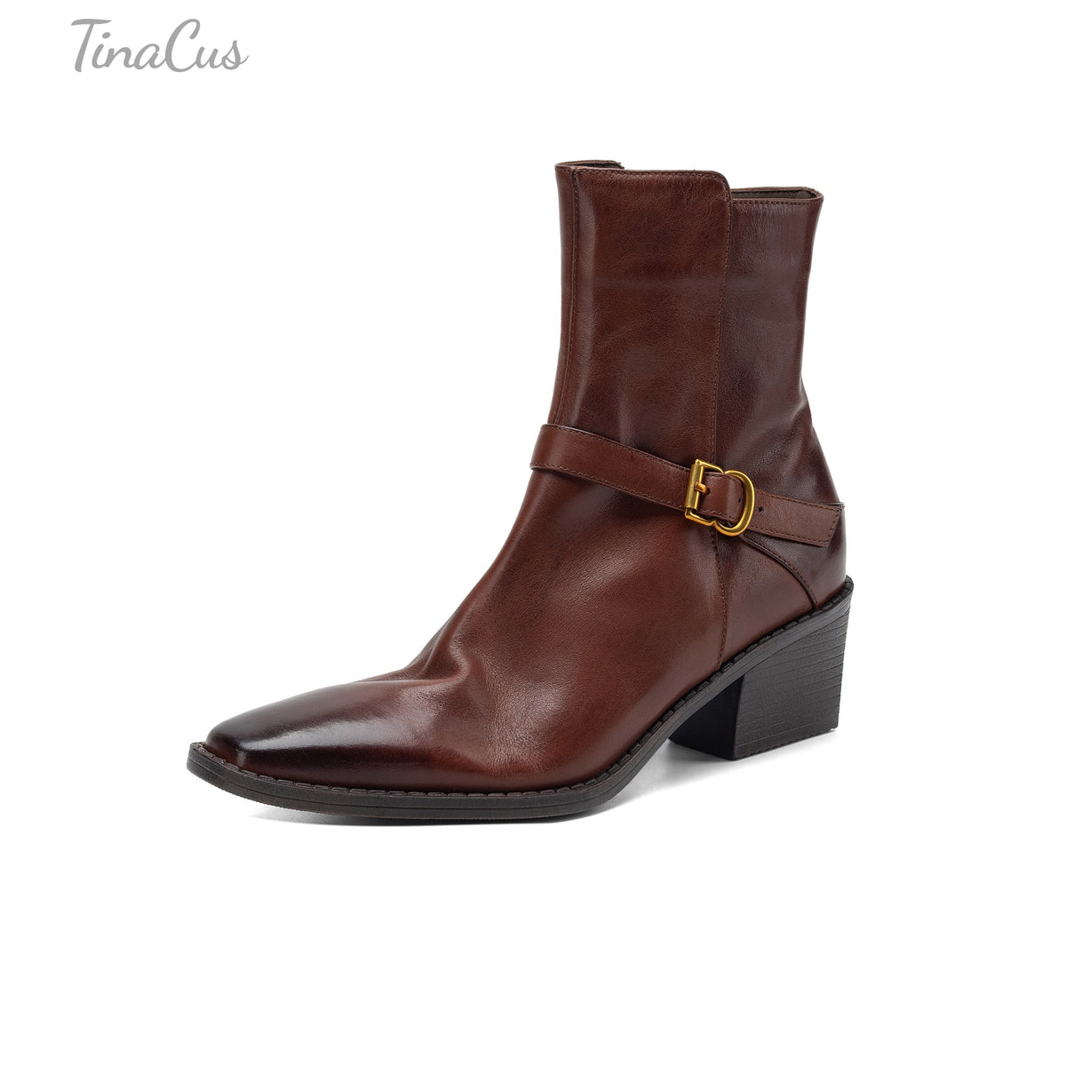 TinaCus Women's Square Toe Buckle Strap Block Heel Side Zipper Ankle Booties