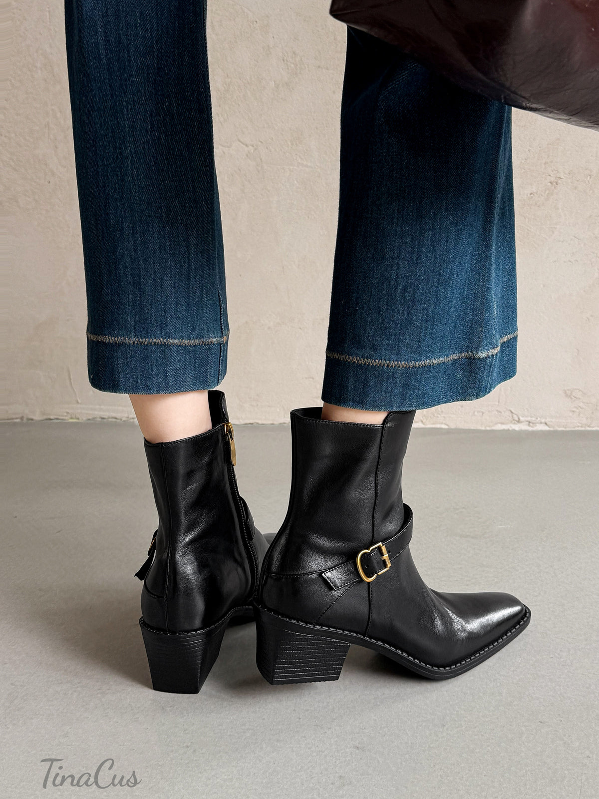 TinaCus Women's Square Toe Buckle Strap Block Heel Side Zipper Ankle Booties
