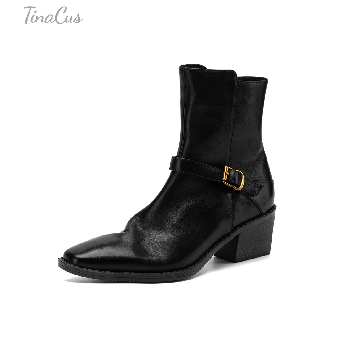 TinaCus Women's Square Toe Buckle Strap Block Heel Side Zipper Ankle Booties