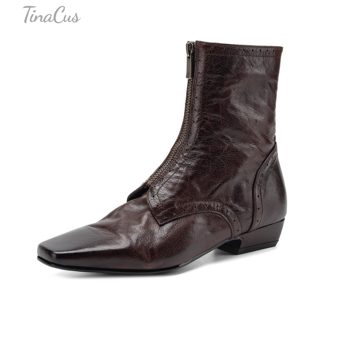 TinaCus Women's Square Toe Front Zipper Flat Heel Brogue Ankle Boots