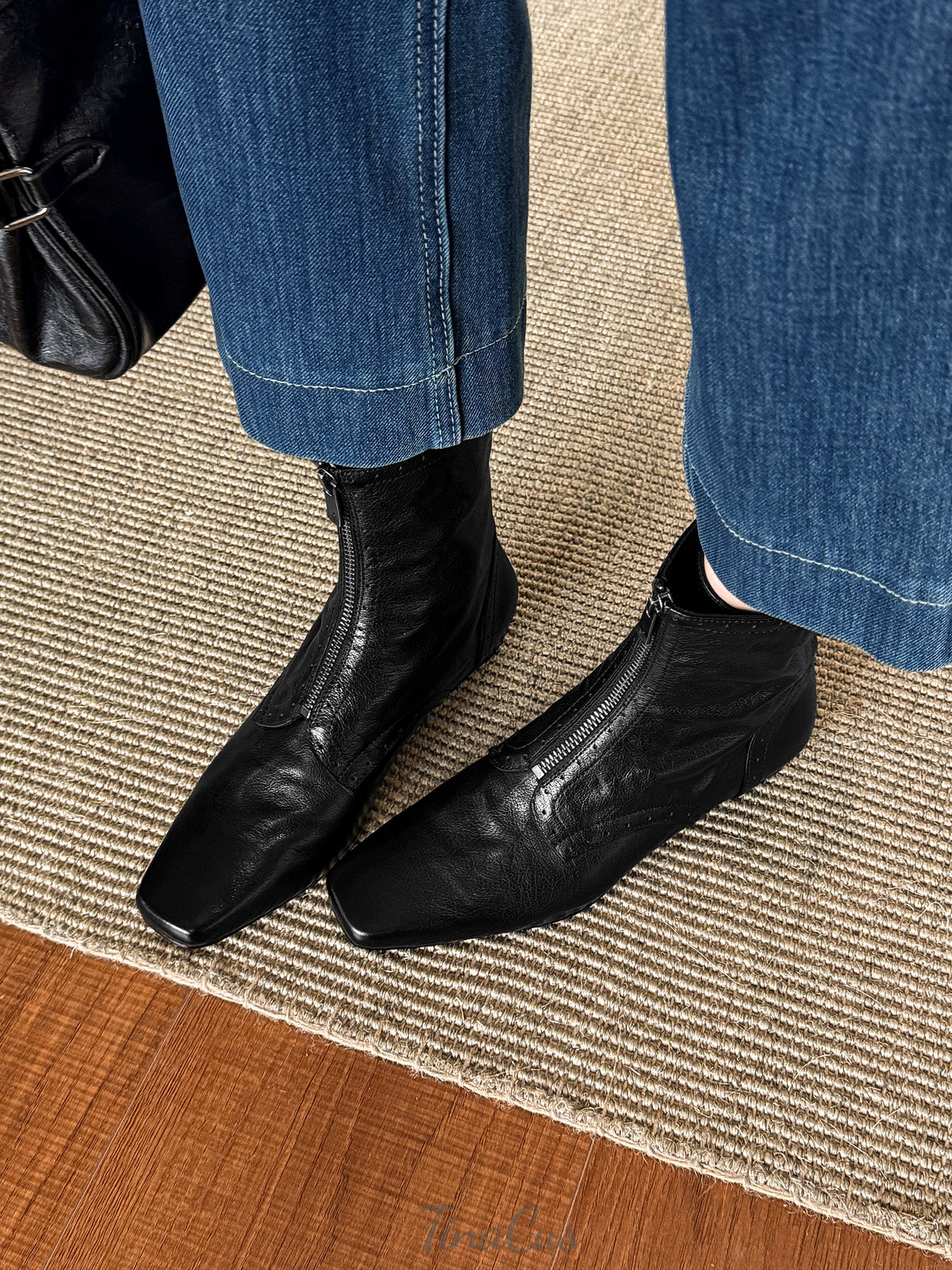 TinaCus Women's Square Toe Front Zipper Flat Heel Brogue Ankle Boots