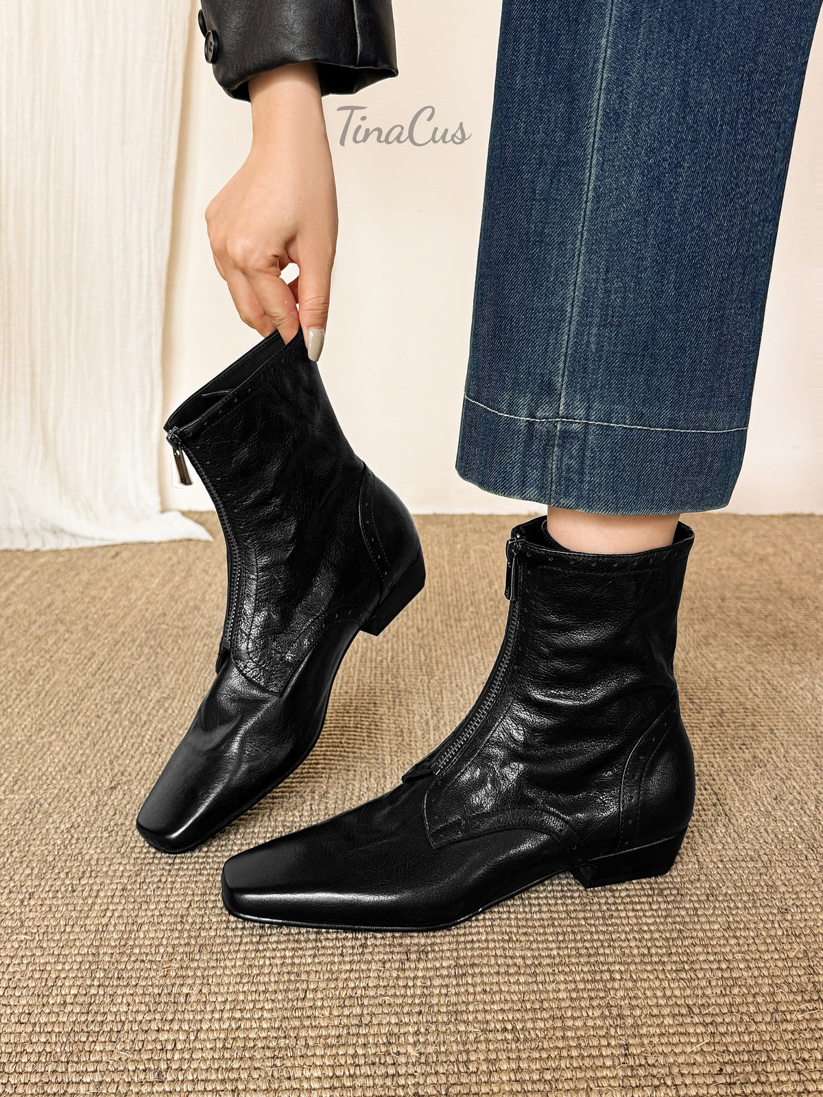 TinaCus Women's Square Toe Front Zipper Flat Heel Brogue Ankle Boots