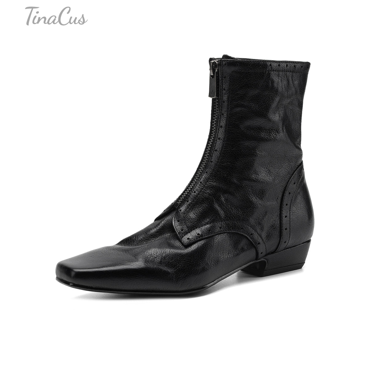 TinaCus Women's Square Toe Front Zipper Flat Heel Brogue Ankle Boots