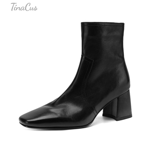 TinaCus Women's Square Toe Handmade Chunky Heel Zip up Ankle Boots
