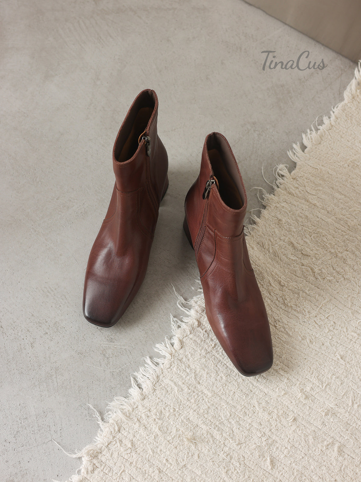 TinaCus Women's Square Toe Handmade Chunky Heel Zip up Ankle Boots