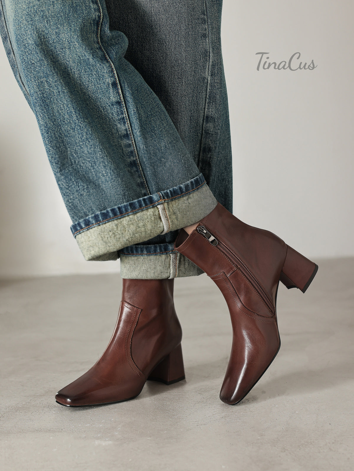 TinaCus Women's Square Toe Handmade Chunky Heel Zip up Ankle Boots