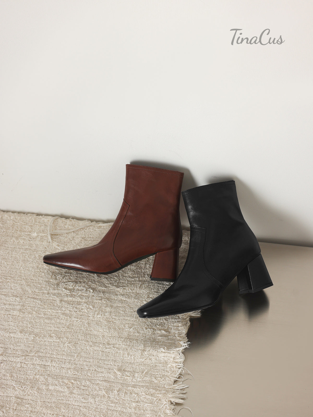 TinaCus Women's Square Toe Handmade Chunky Heel Zip up Ankle Boots