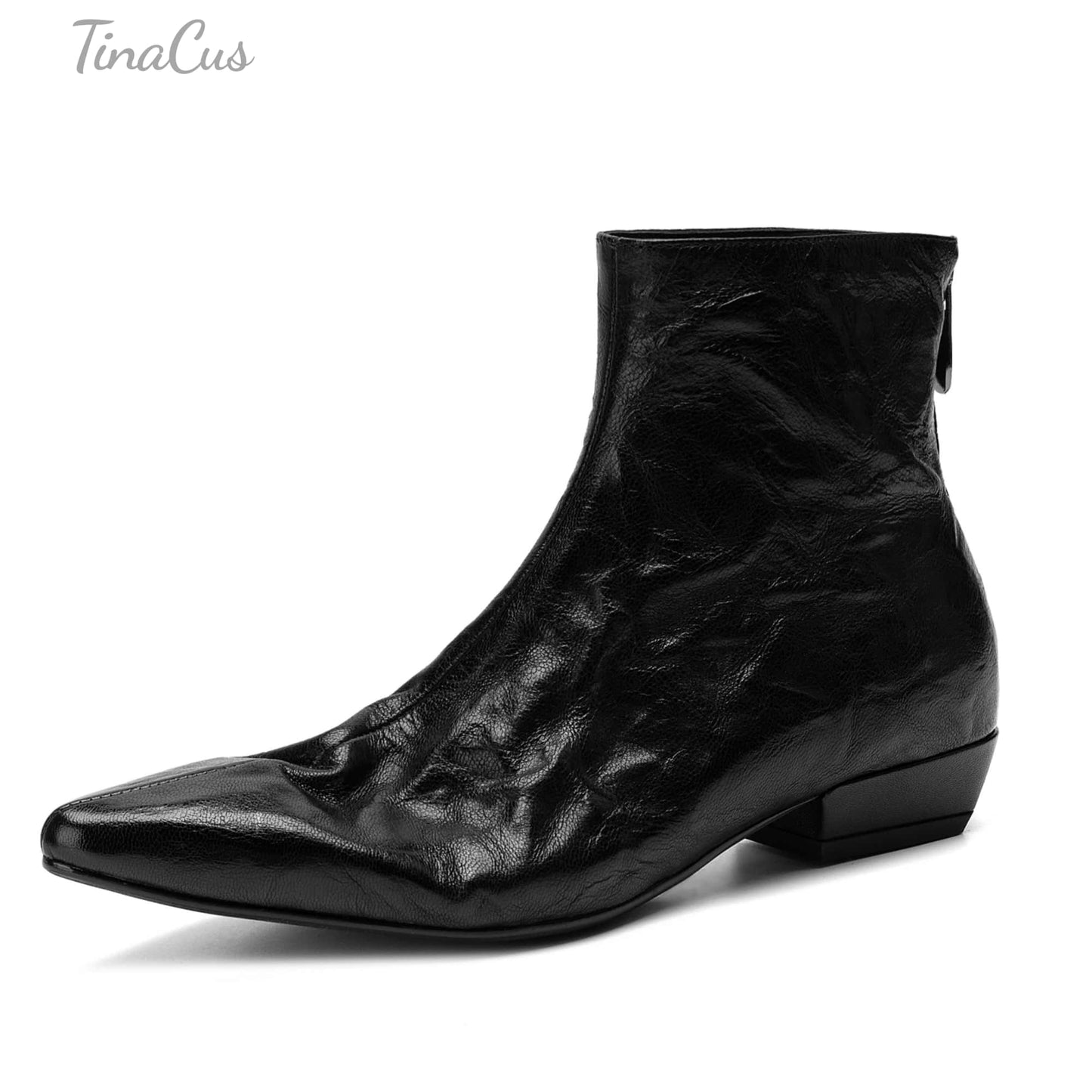 TinaCus Women's Leather Pointed Toe Back Zipper Ankle Boots Handmade Low Block Heel Sleek Silhouette