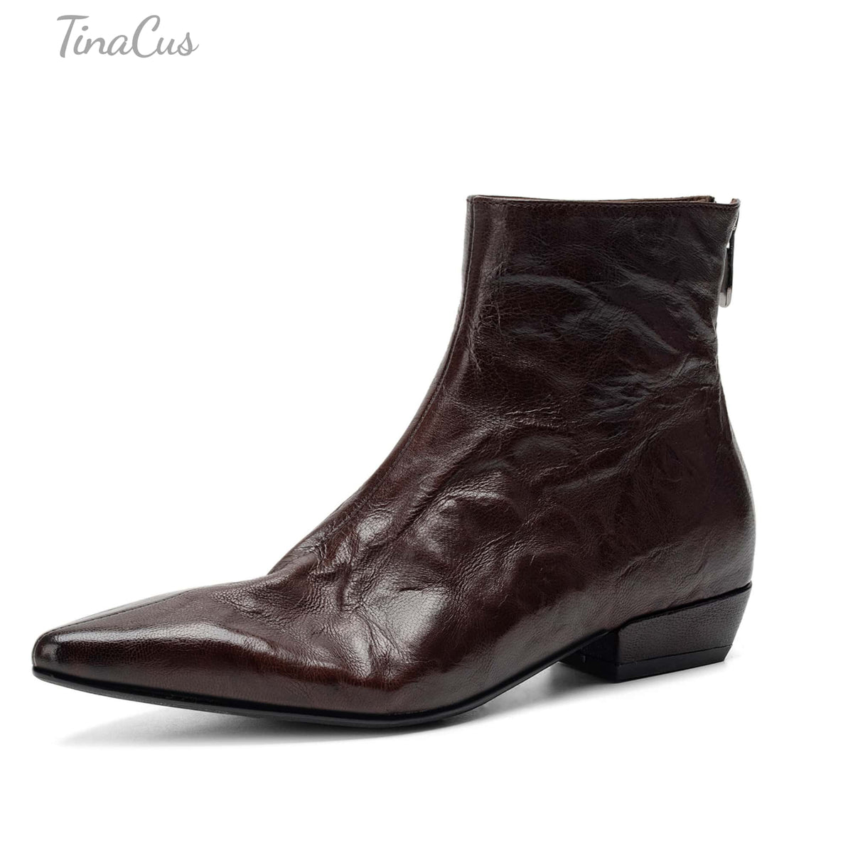 TinaCus Women's Leather Pointed Toe Back Zipper Ankle Boots Handmade Low Block Heel Sleek Silhouette