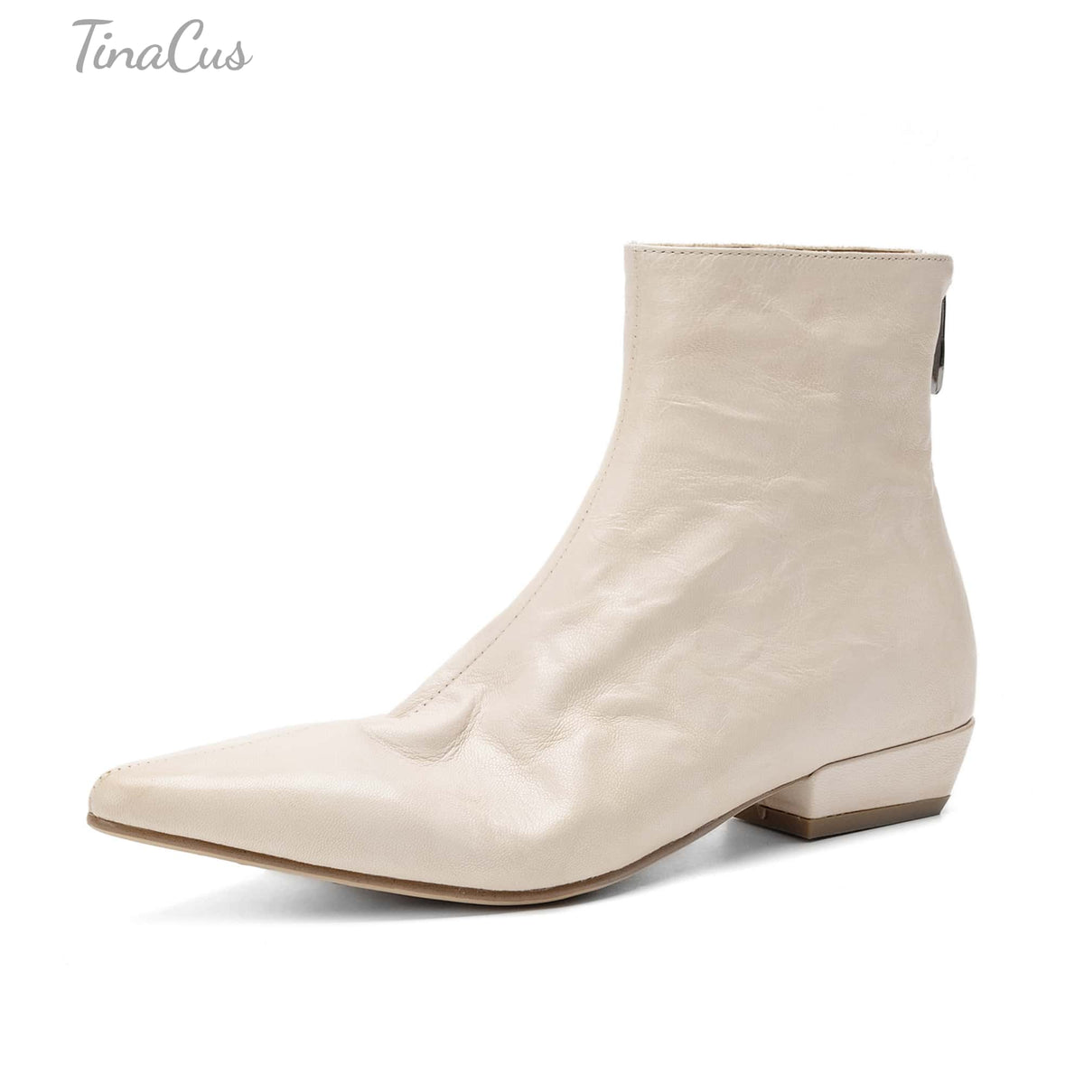 TinaCus Women's Leather Pointed Toe Back Zipper Ankle Boots Handmade Low Block Heel Sleek Silhouette