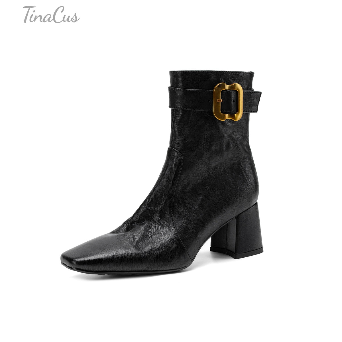 TinaCus Women's Square Toe Side Zipper Gold Buckle Strap Retro Ankle Boots