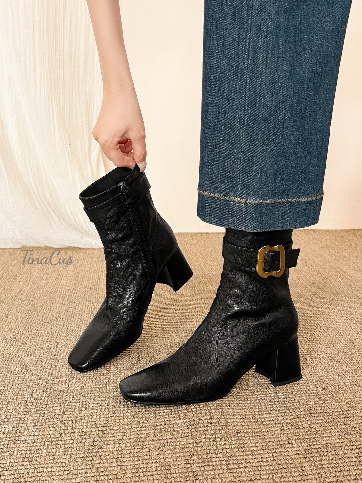 TinaCus Women's Square Toe Side Zipper Gold Buckle Strap Retro Ankle Boots