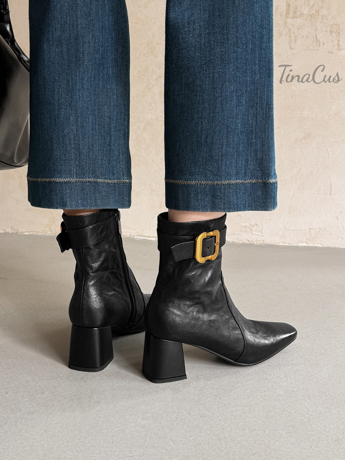 TinaCus Women's Square Toe Side Zipper Gold Buckle Strap Retro Ankle Boots
