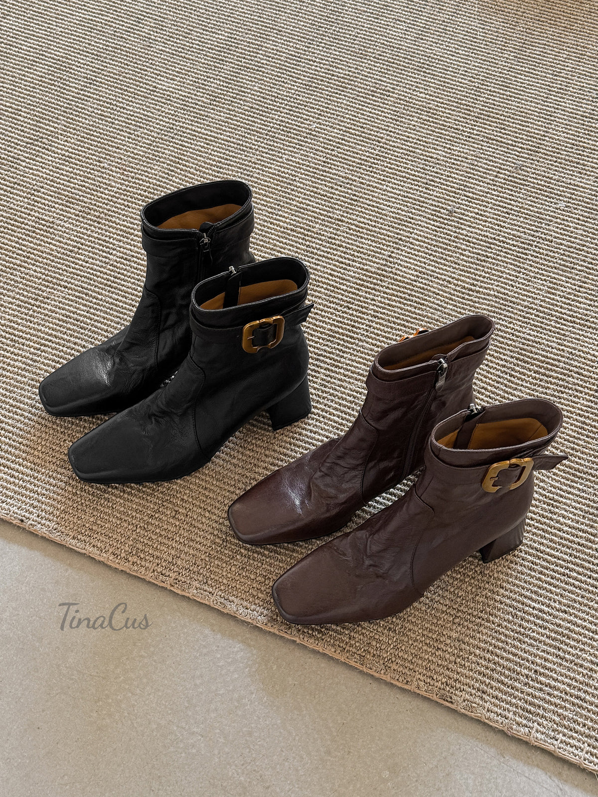 TinaCus Women's Square Toe Side Zipper Gold Buckle Strap Retro Ankle Boots