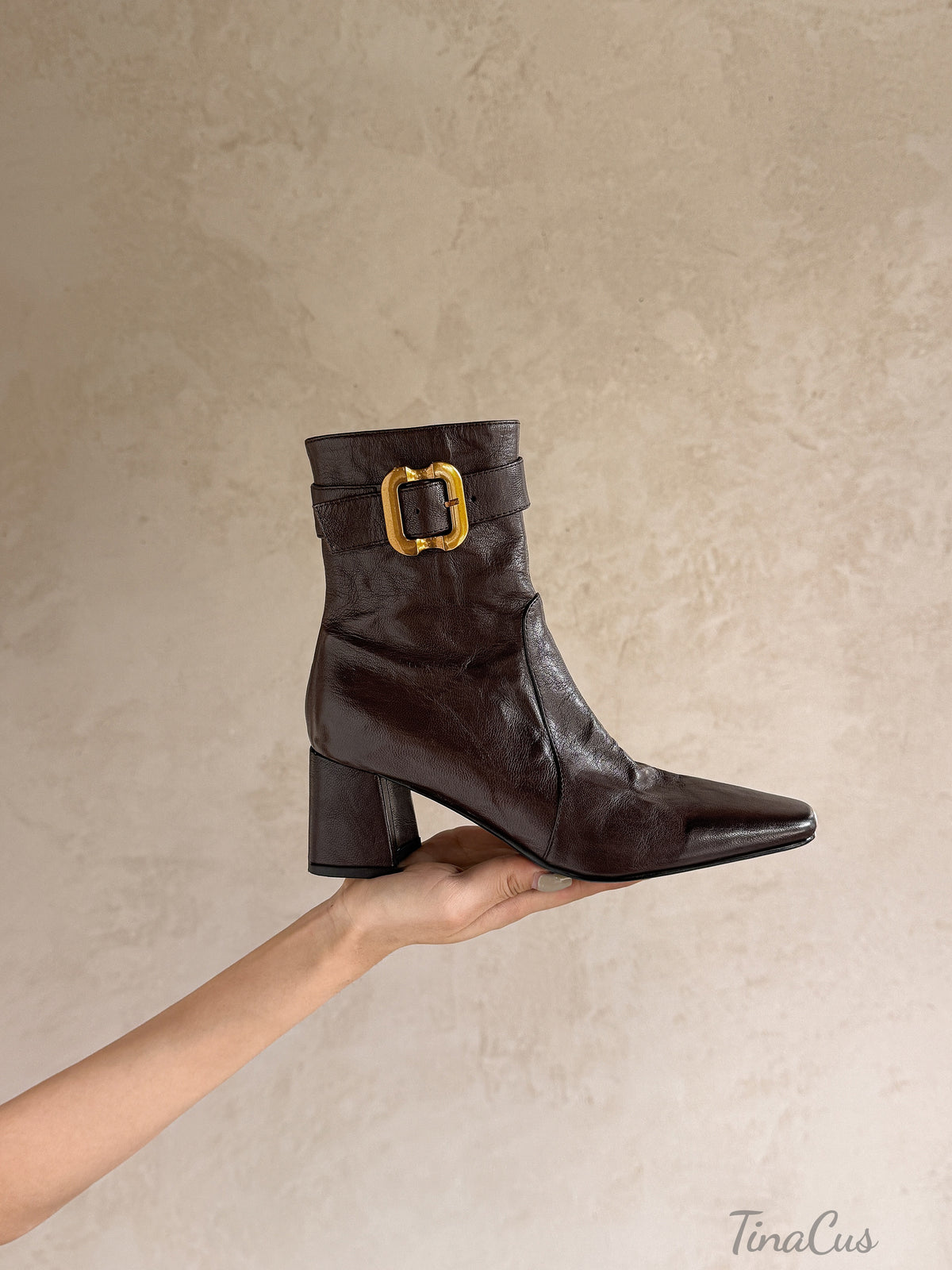 TinaCus Women's Square Toe Side Zipper Gold Buckle Strap Retro Ankle Boots