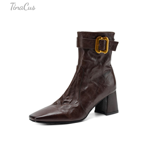 TinaCus Women's Square Toe Side Zipper Gold Buckle Strap Retro Ankle Boots