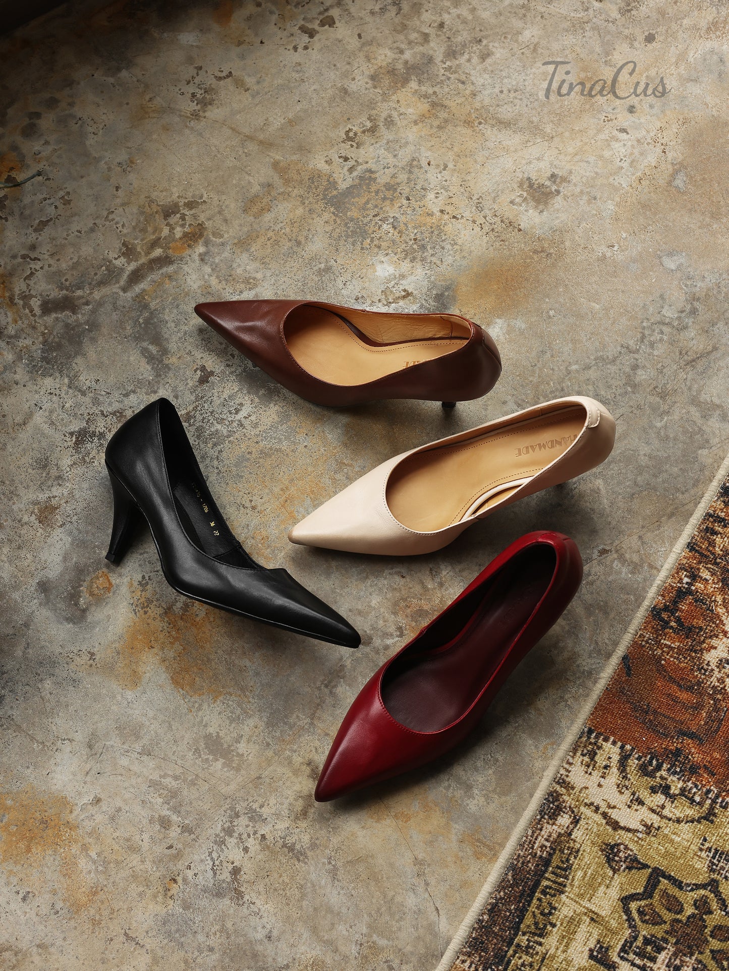 TinaCus Classic Pointed Toe Women's Genuine Leather Handmade Stiletto Mid Heel Slip On Dress Pumps Shoes