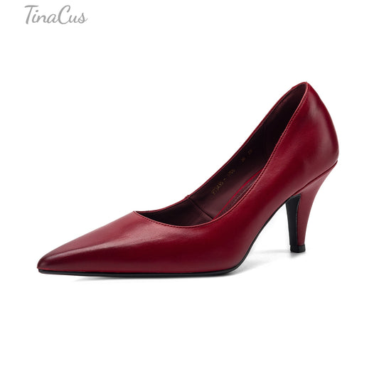 TinaCus Classic Pointed Toe Women's Genuine Leather Handmade Stiletto Mid Heel Slip On Dress Pumps Shoes
