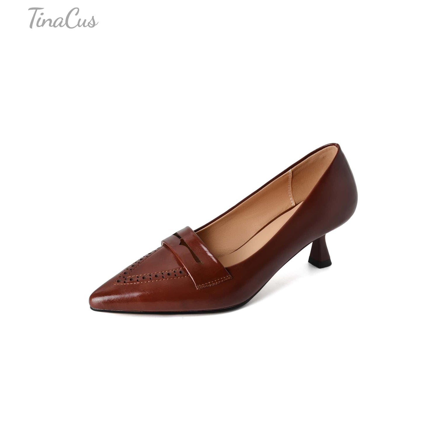 TinaCus Women's Genuine Leather Handmade Pointed Toe Slip On Mid Kitten Heel Office Loafers Pumps Shoes