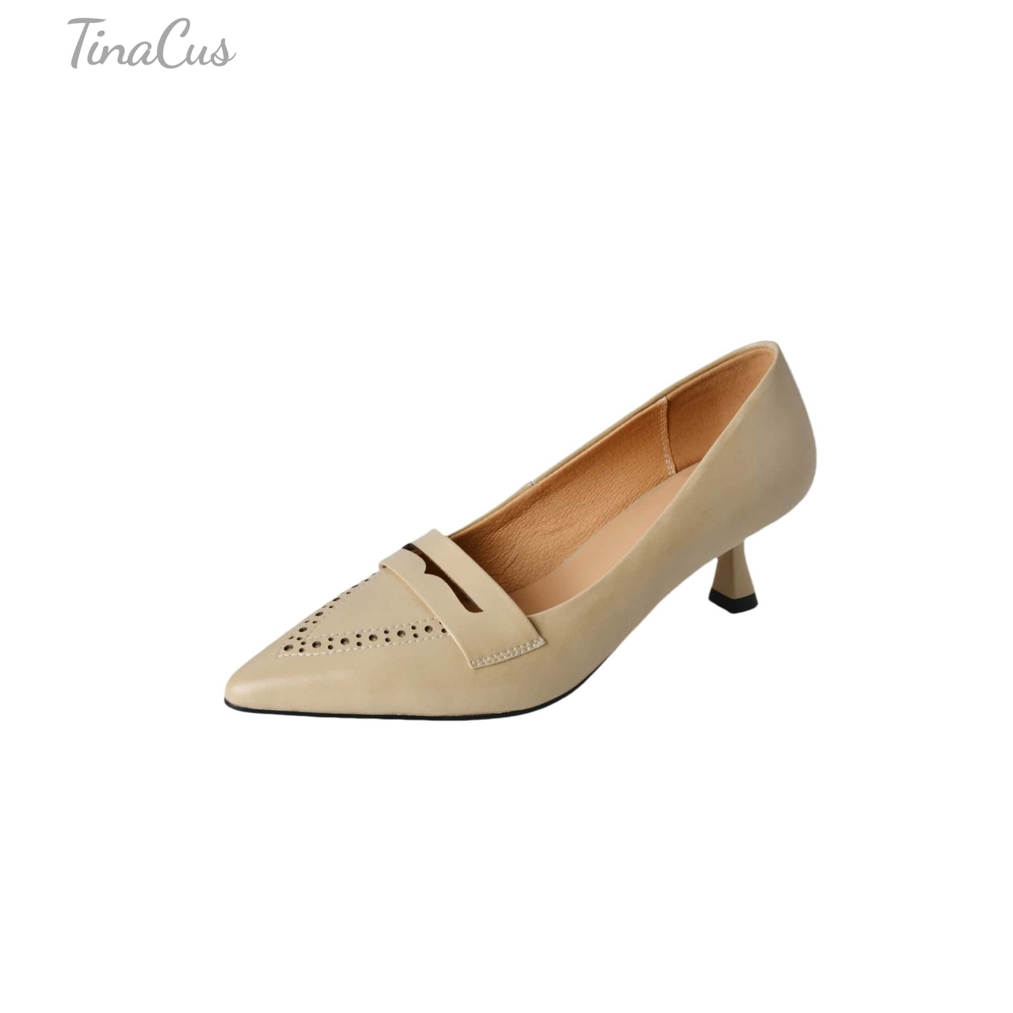 TinaCus Women's Genuine Leather Handmade Pointed Toe Slip On Mid Kitten Heel Office Loafers Pumps Shoes