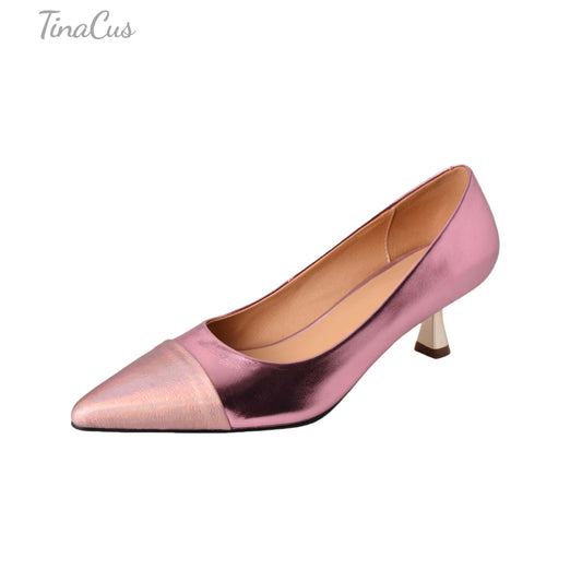 TinaCus Women's Genuine Leather Handmade Cap-Toe Mid Kitten Heel Stylish Pumps Shoes