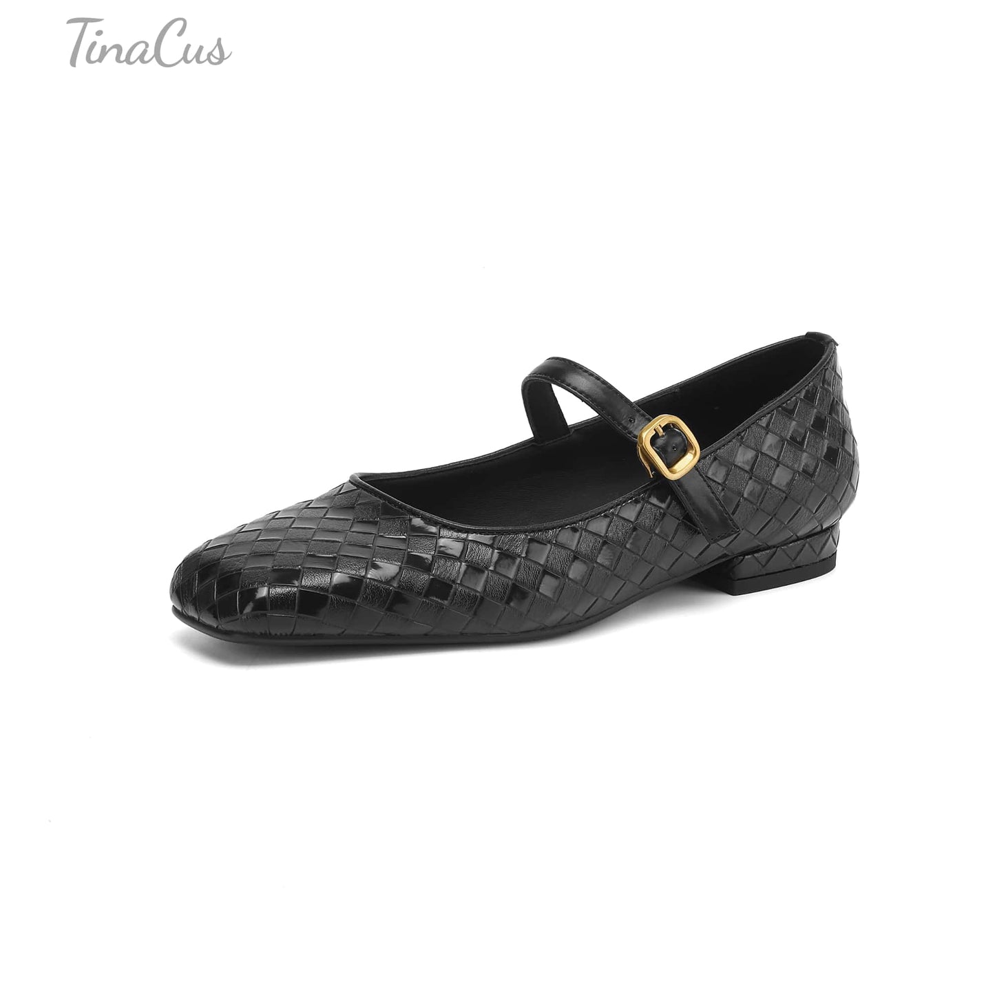 TinaCus Handmade Women's Genuine Leather Weave Buckle Square Toe Mary Jane Flats