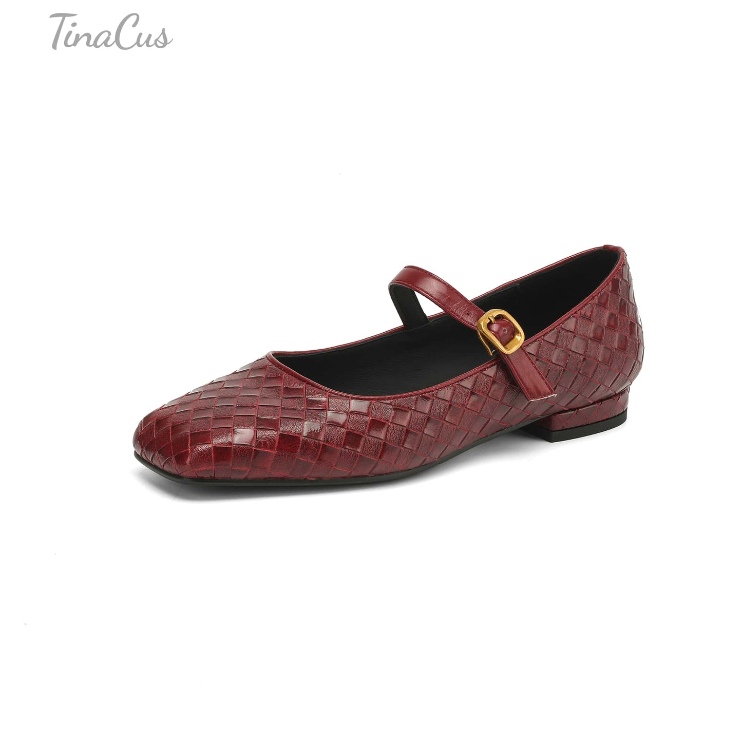 TinaCus Handmade Women's Genuine Leather Weave Buckle Square Toe Mary Jane Flats