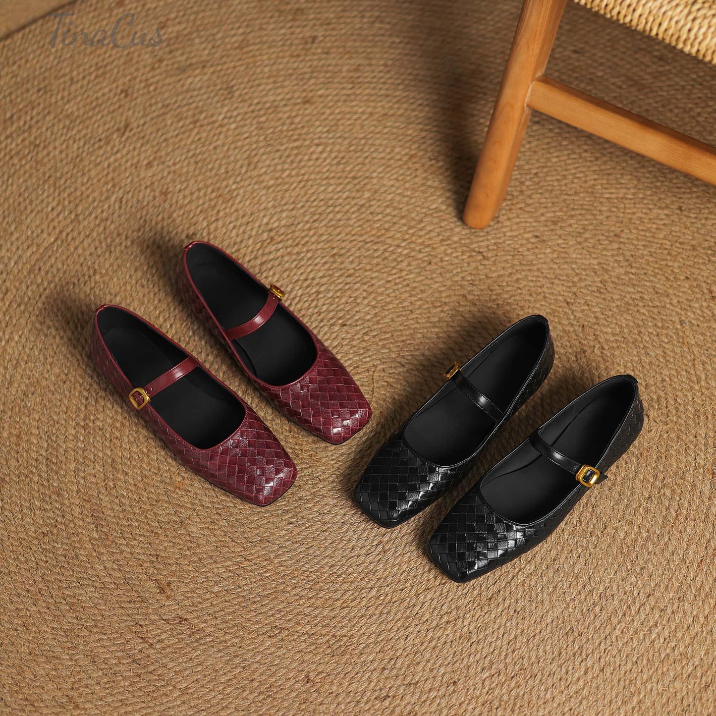 TinaCus Handmade Women's Genuine Leather Weave Buckle Square Toe Mary Jane Flats