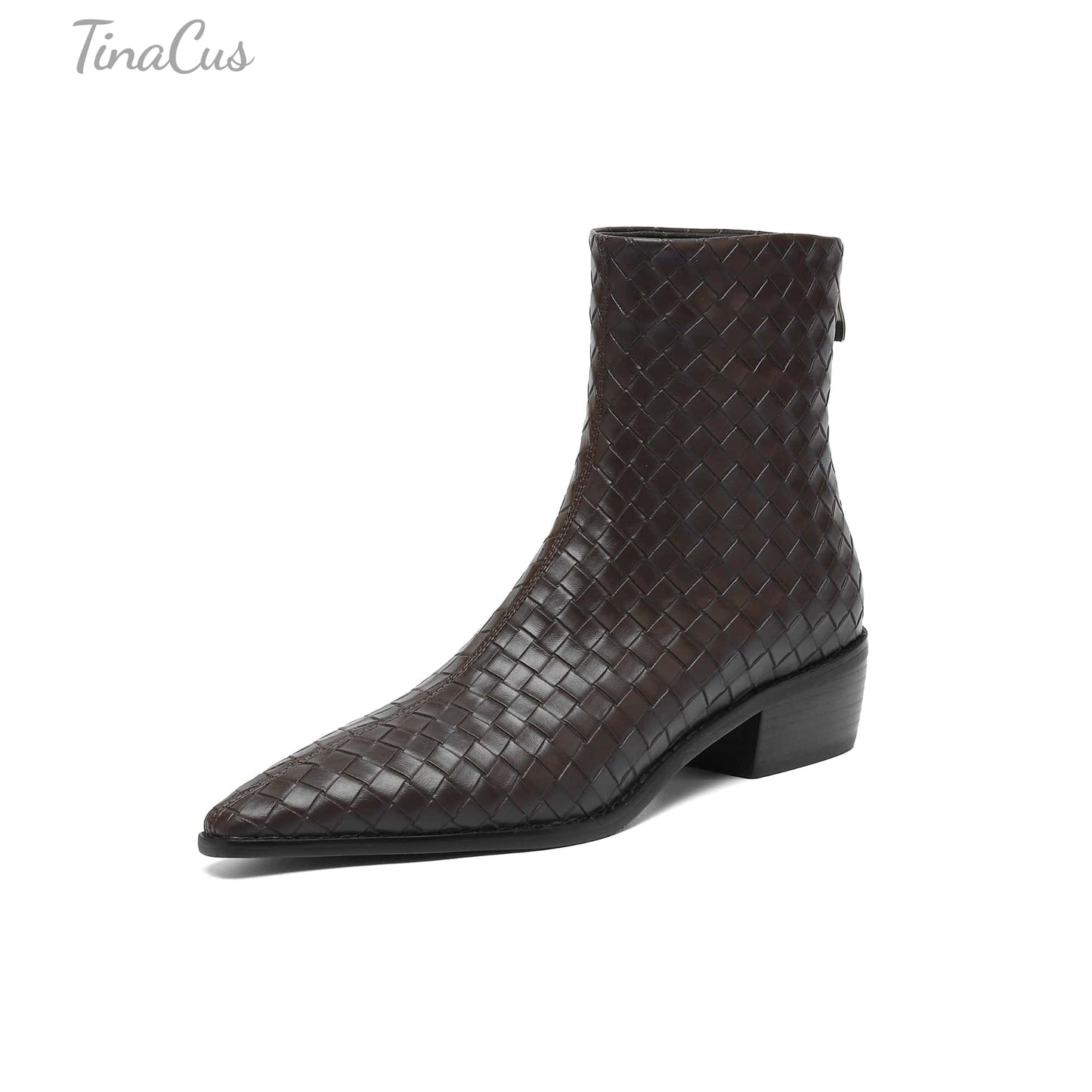 TinaCus Women's Genuine Leather Handmade Braid Back Zipper Pointed Toe Stacked Low Heel Ankle Booties