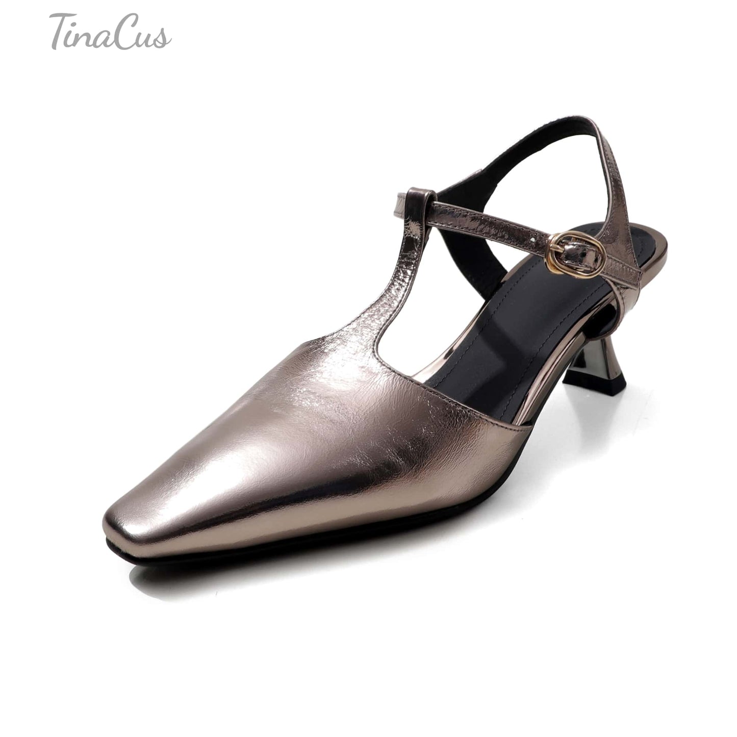 TinaCus Women's Closed Toe Sandals Genuine Leather Handmade Ankle Straps Square Toe Kitten Heel Pumps Shoes
