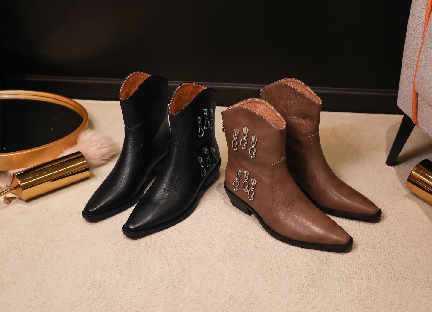 TinaCus Women's Genuine Leather Handmade Closed Pointed Toe Block Heel Zip Up Western Mid Calf Boots