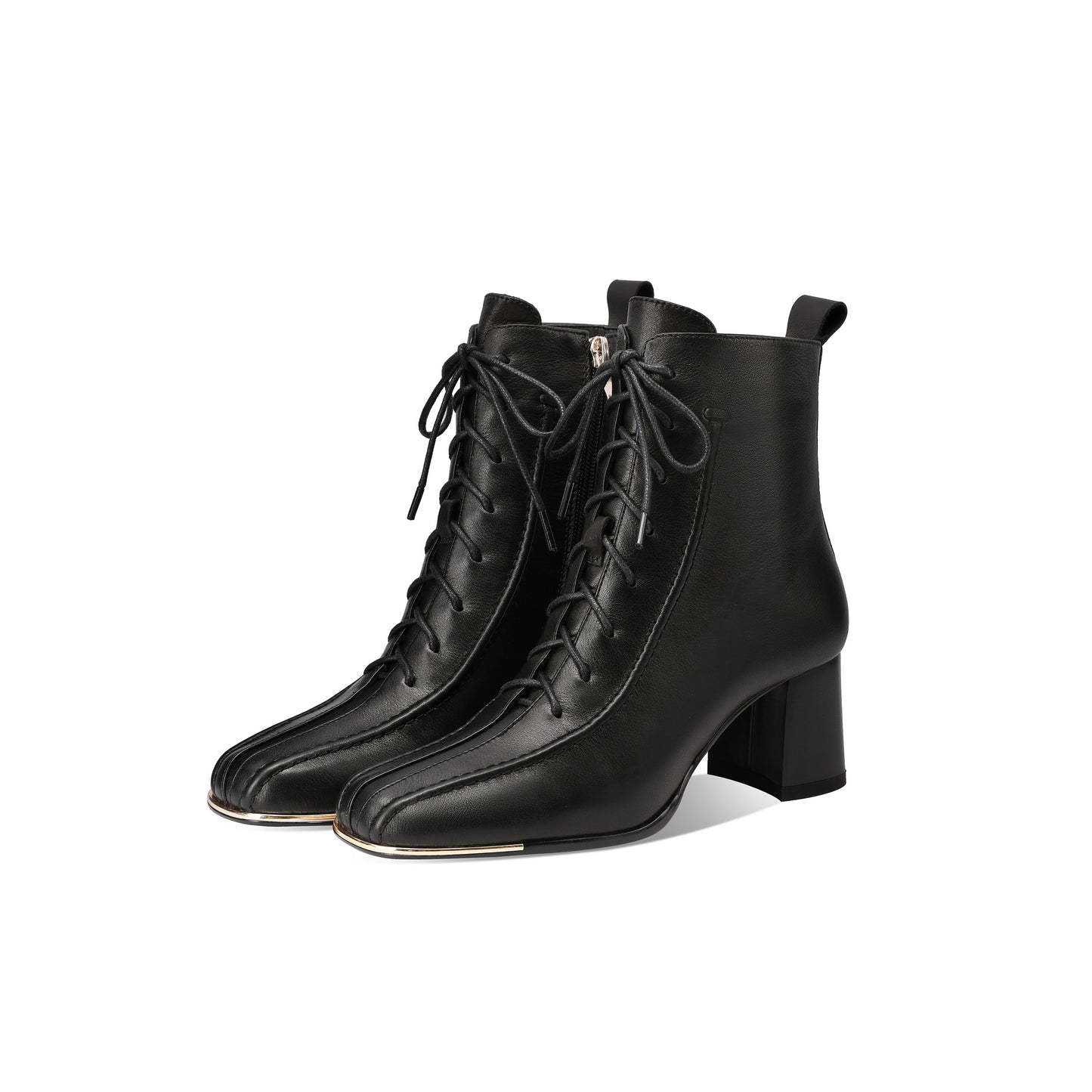 TinaCus Women's Leather Combat Boots Square Toe Handmade Side Zipper Lace-up Chunky Heel Short Booties