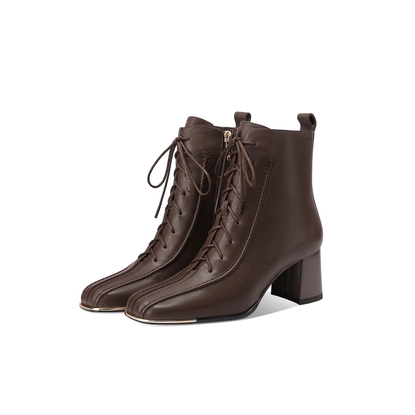 TinaCus Women's Leather Combat Boots Square Toe Handmade Side Zipper Lace-up Chunky Heel Short Booties