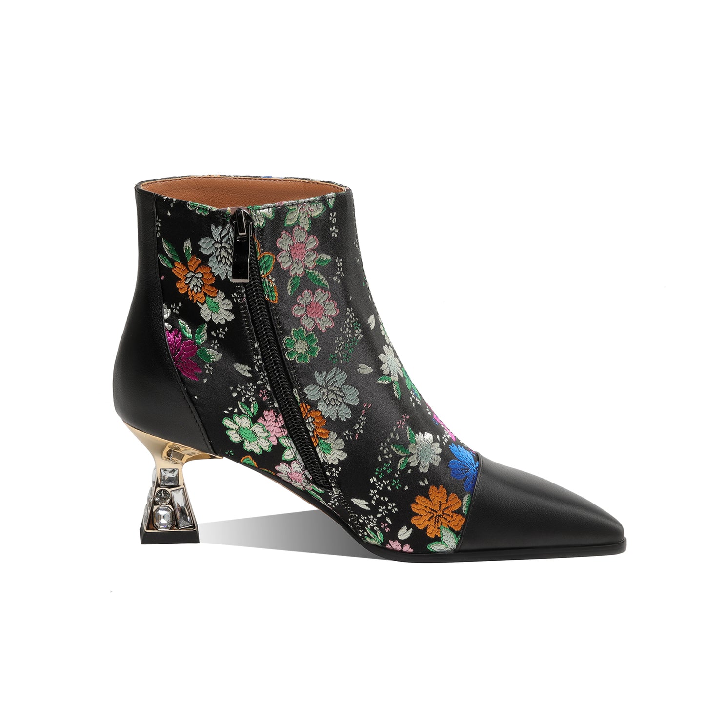 TinaCus Women's Handmade Genuine Leather Embroidered Flowers Crystal Heel Side Zip Ankle Boots