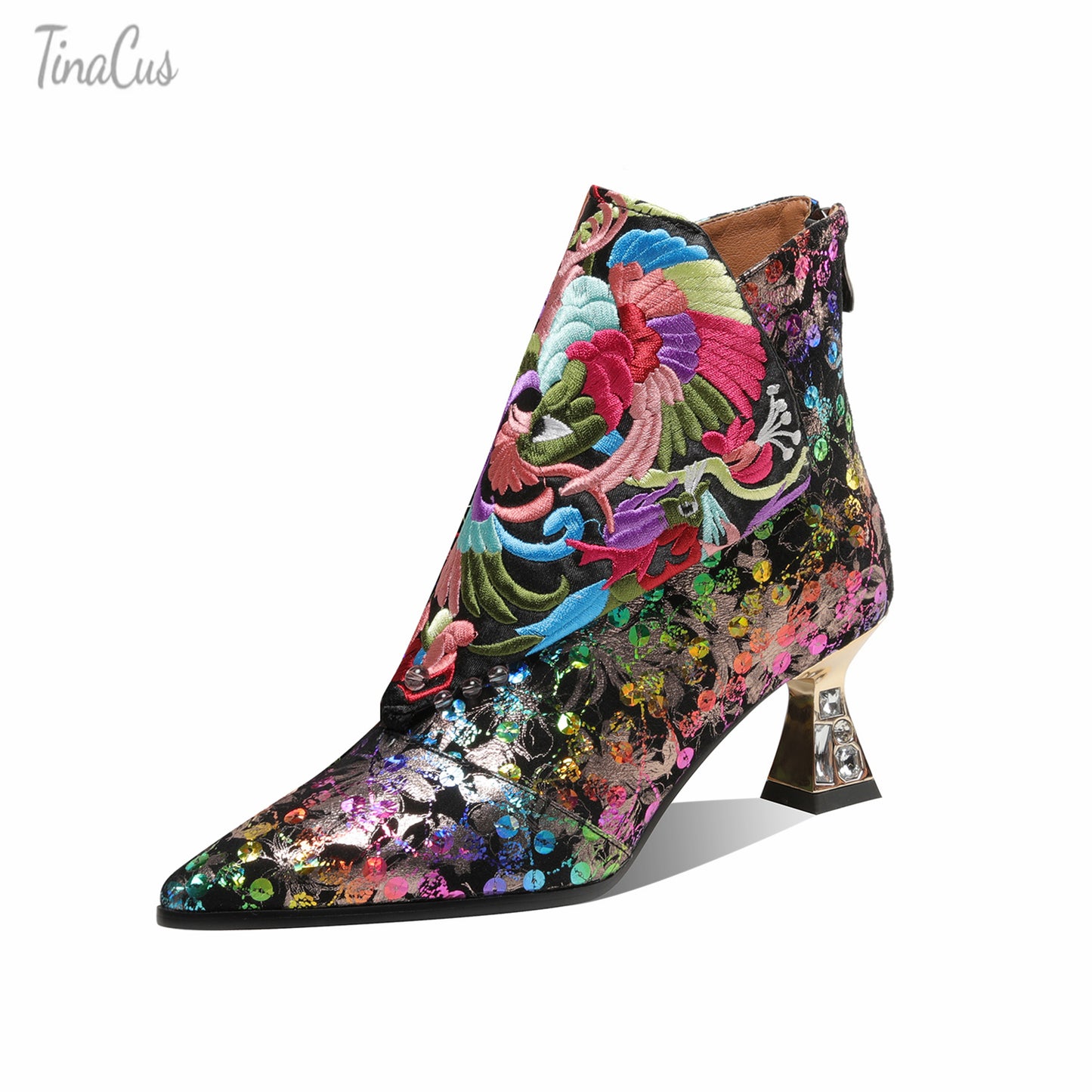 TinaCus Women's Handmade Leather Embroidered Flowers Crystal Heel Zip Up Ankle Boots