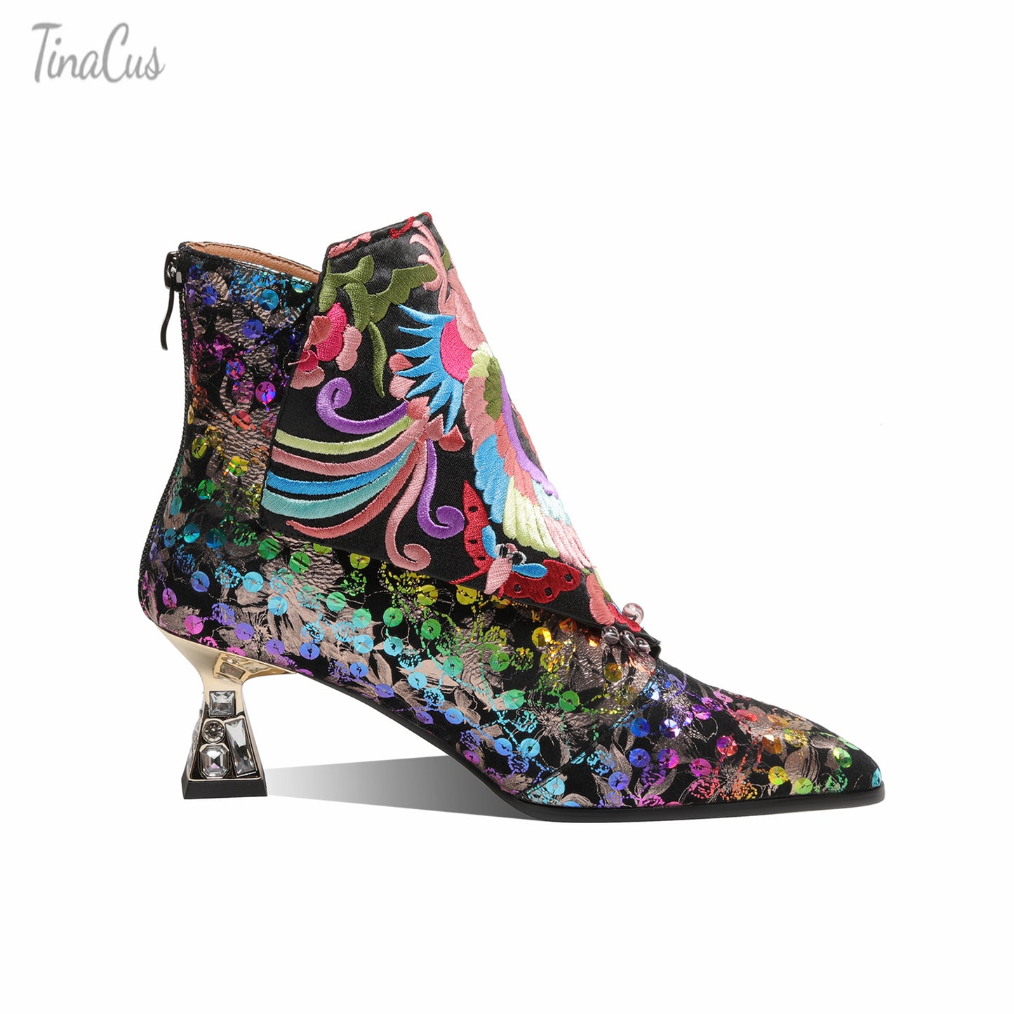TinaCus Women's Handmade Leather Embroidered Flowers Crystal Heel Zip Up Ankle Boots