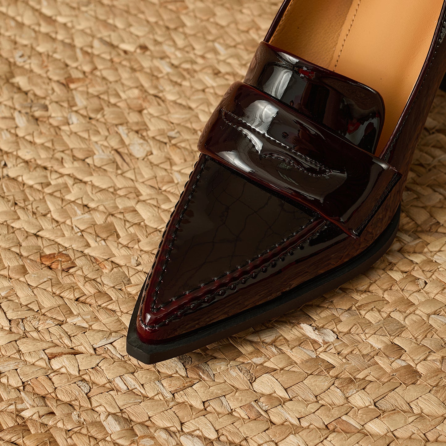 TinaCus Glossy Genuine Leather Women's Pointed Toe High Chunky Heels Slip on Pumps Shoes