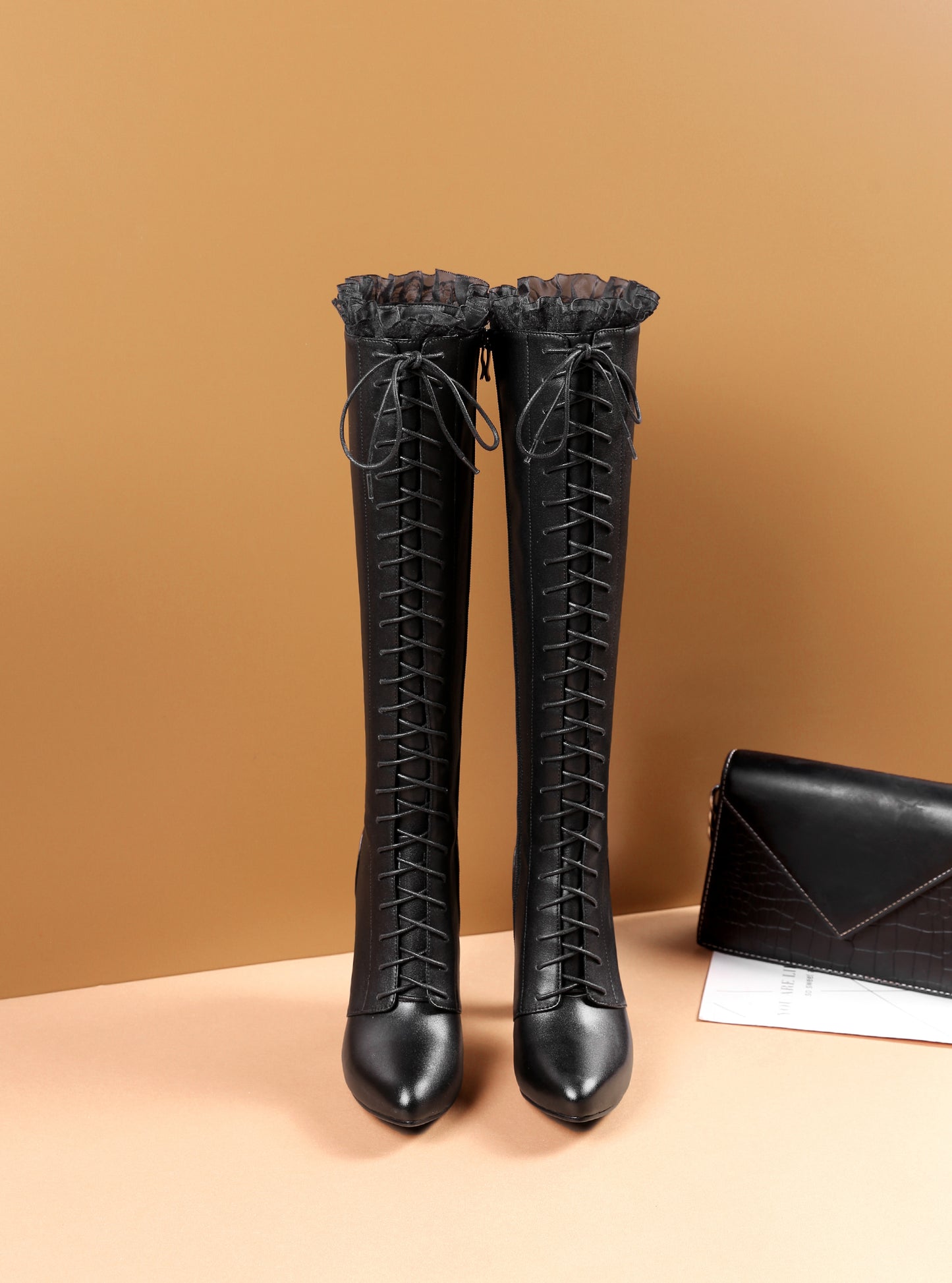 TinaCus Handmade Women's Genuine Leather  High Heel Zip Up Knee High Boots with Lace