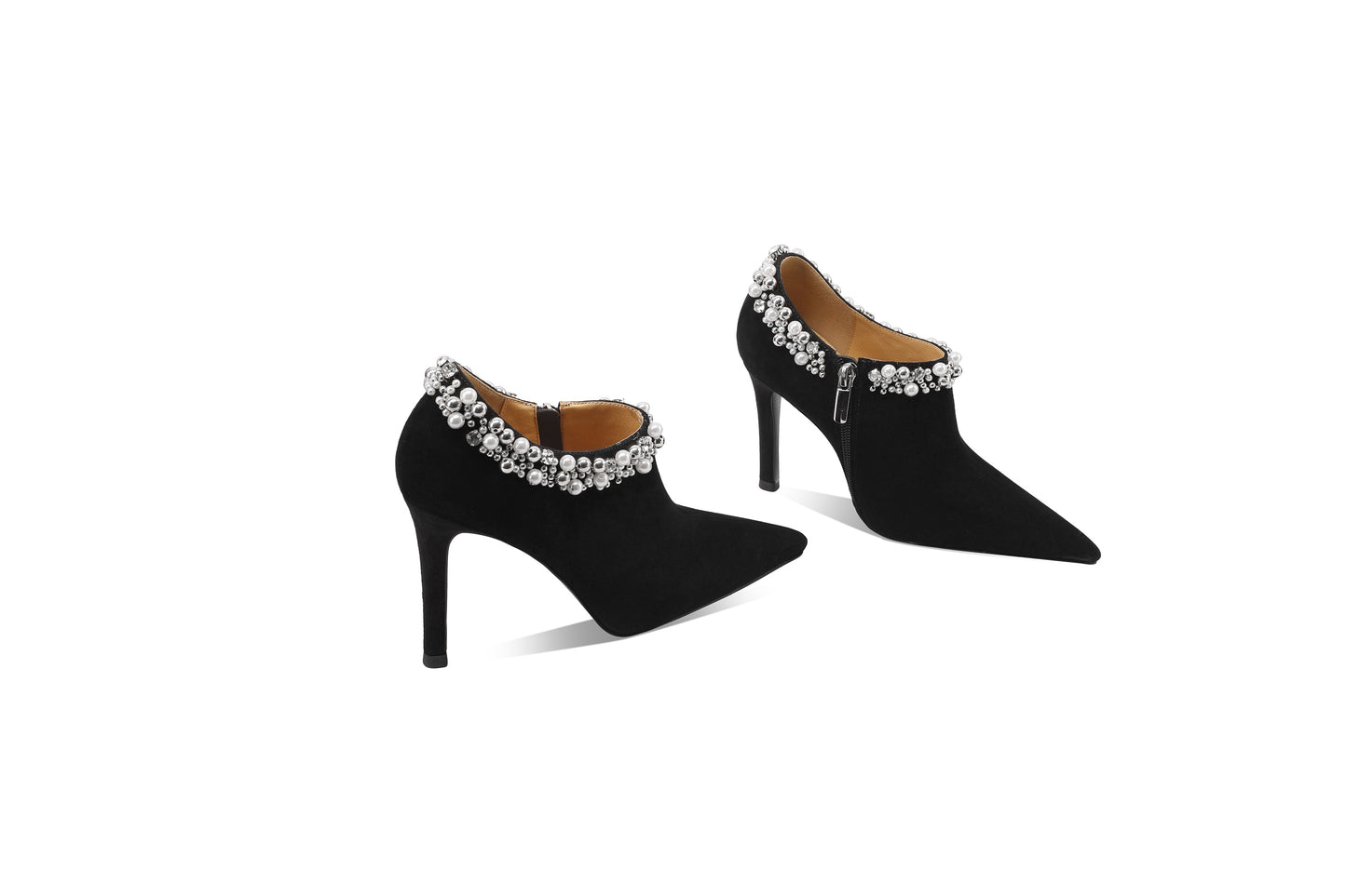 TinaCus Women's Suede Leather Pumps Handmade Pointded Toe Rhinestones Side Zip Stiletto Heels Wedding Party