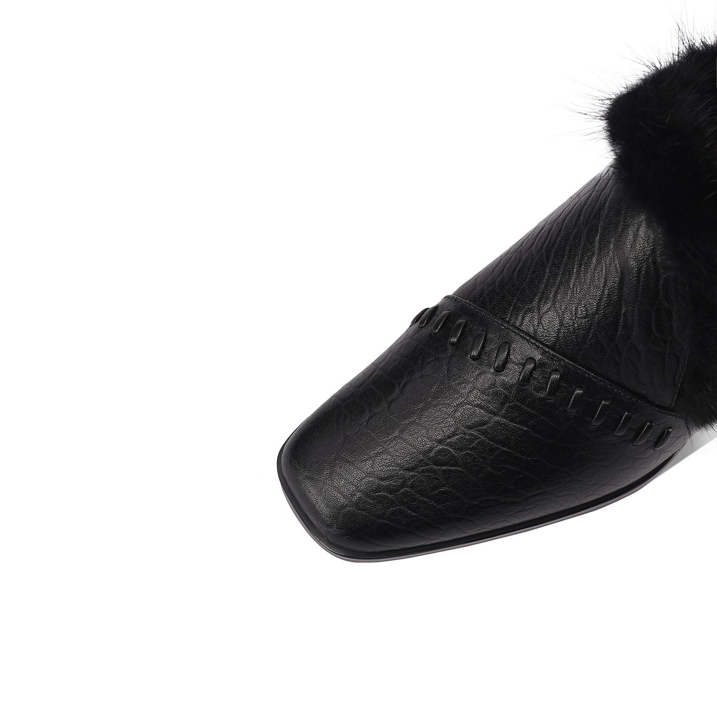 TinaCus Genuine Leather & Fur Women's Warm Pumps Shoes Square Toe Handmade Mid Heels