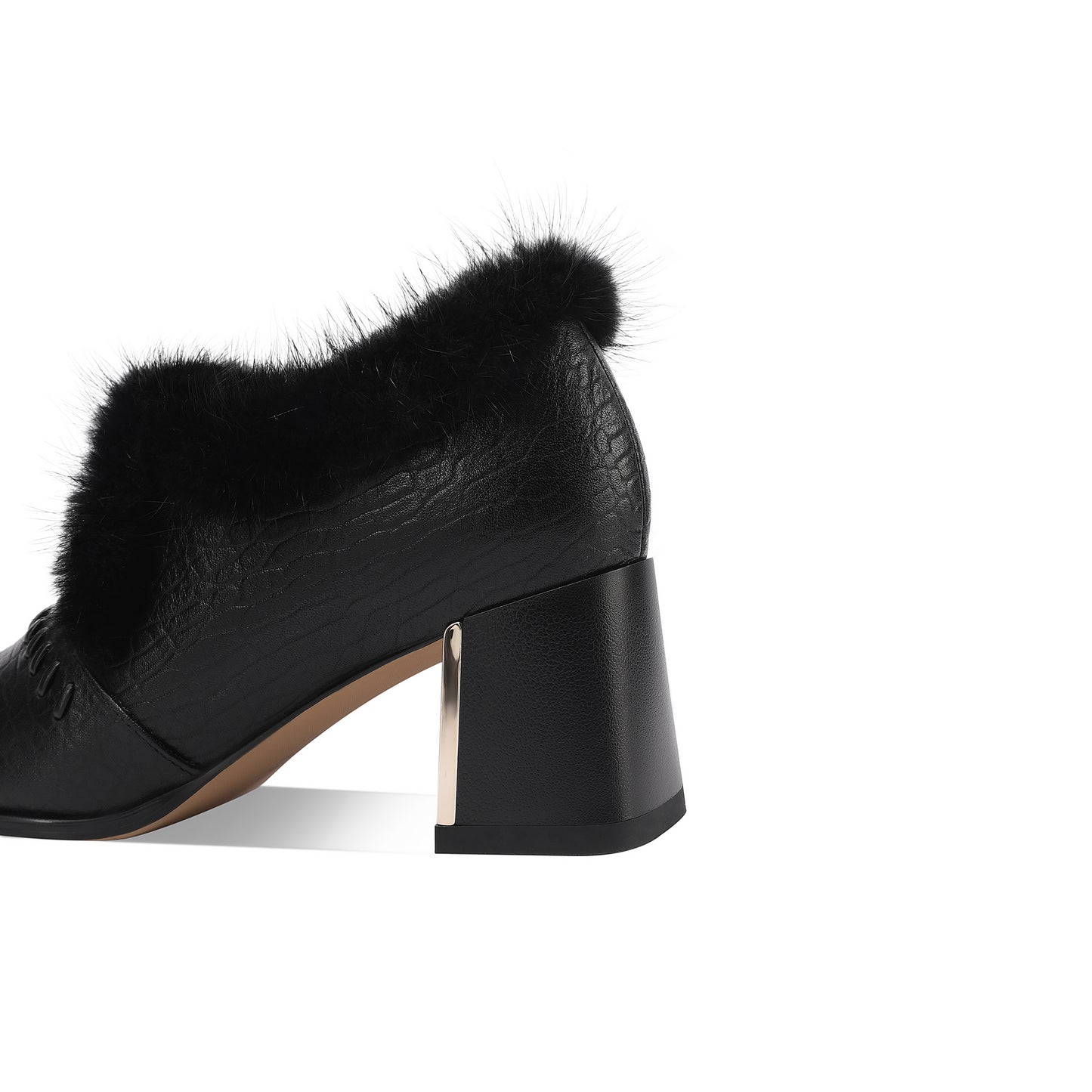 TinaCus Genuine Leather & Fur Women's Warm Pumps Shoes Square Toe Handmade Mid Heels