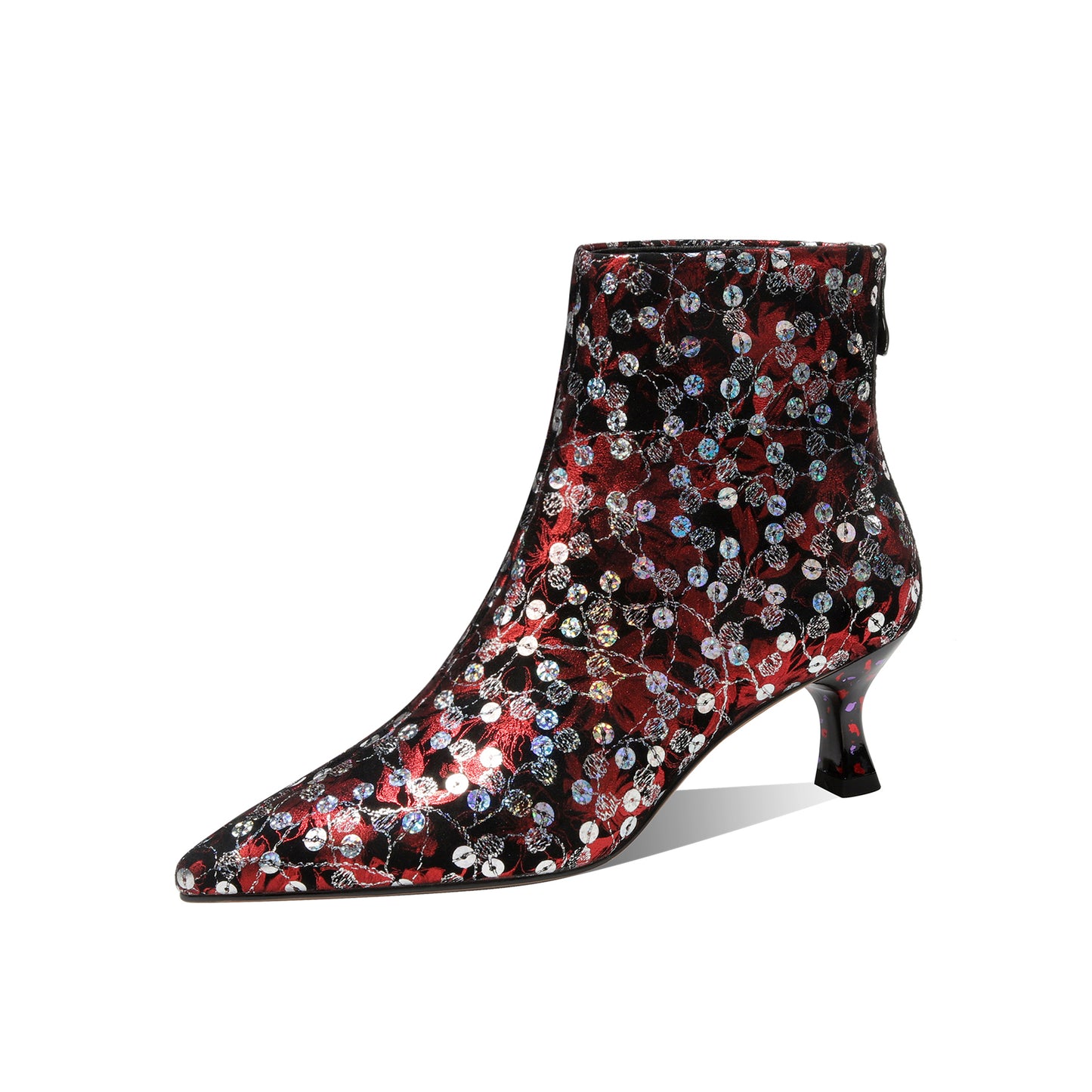 TinaCus Women's Handmade Genuine Leather Colorful Flowers Print Sequins Zip Up Ankle Boots