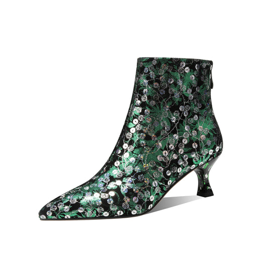 TinaCus Women's Handmade Genuine Leather Colorful Flowers Print Sequins Zip Up Ankle Boots