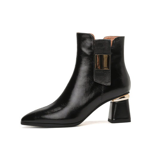 TinaCus Women's Pointed Toe Side Zip Up Genuine Leather Handmade Chunky Heels Ankle Boots