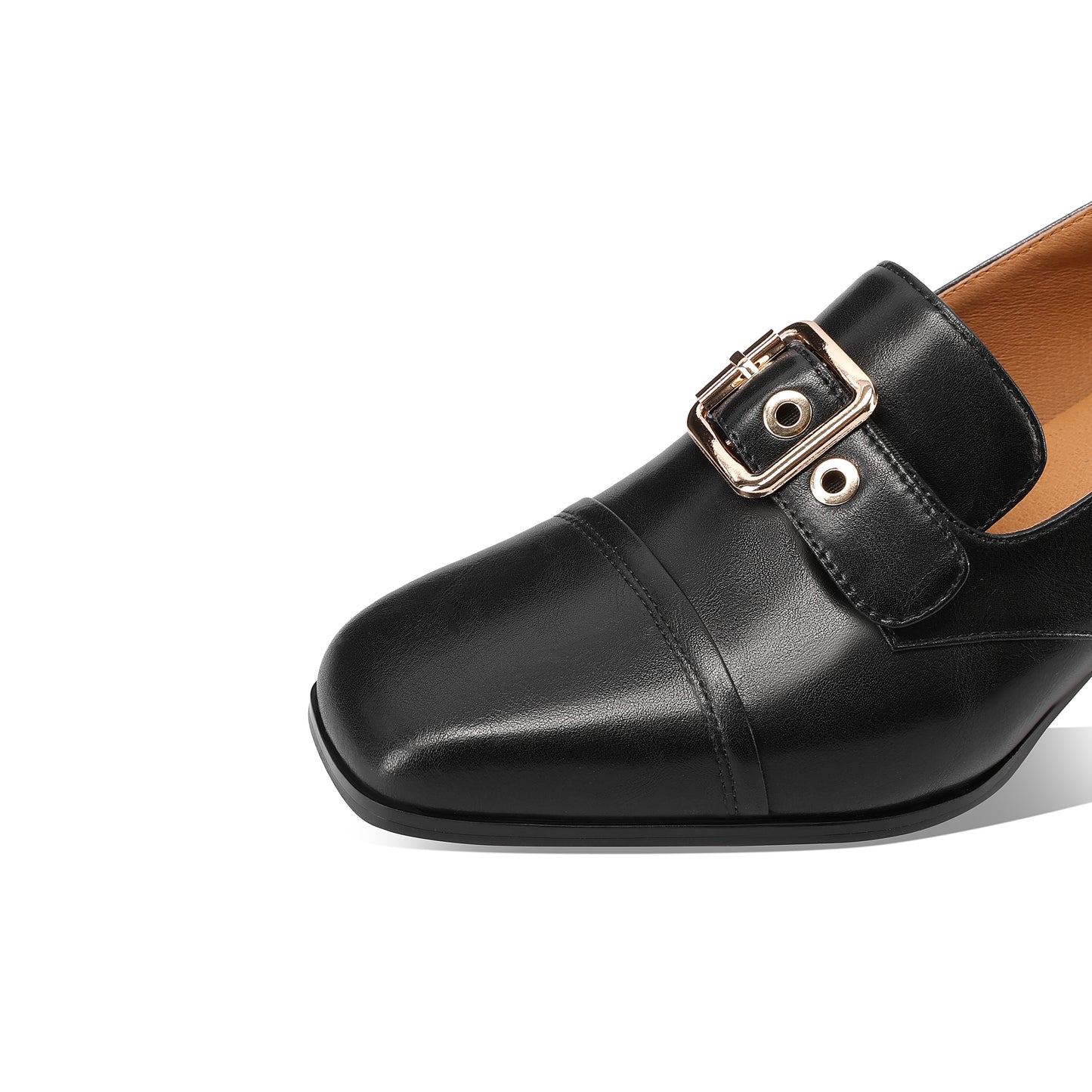 TinaCus Square Toe Women's Mid Chunky Heels Handmade Metal Buckle Genuine Leather Loafers Shoes